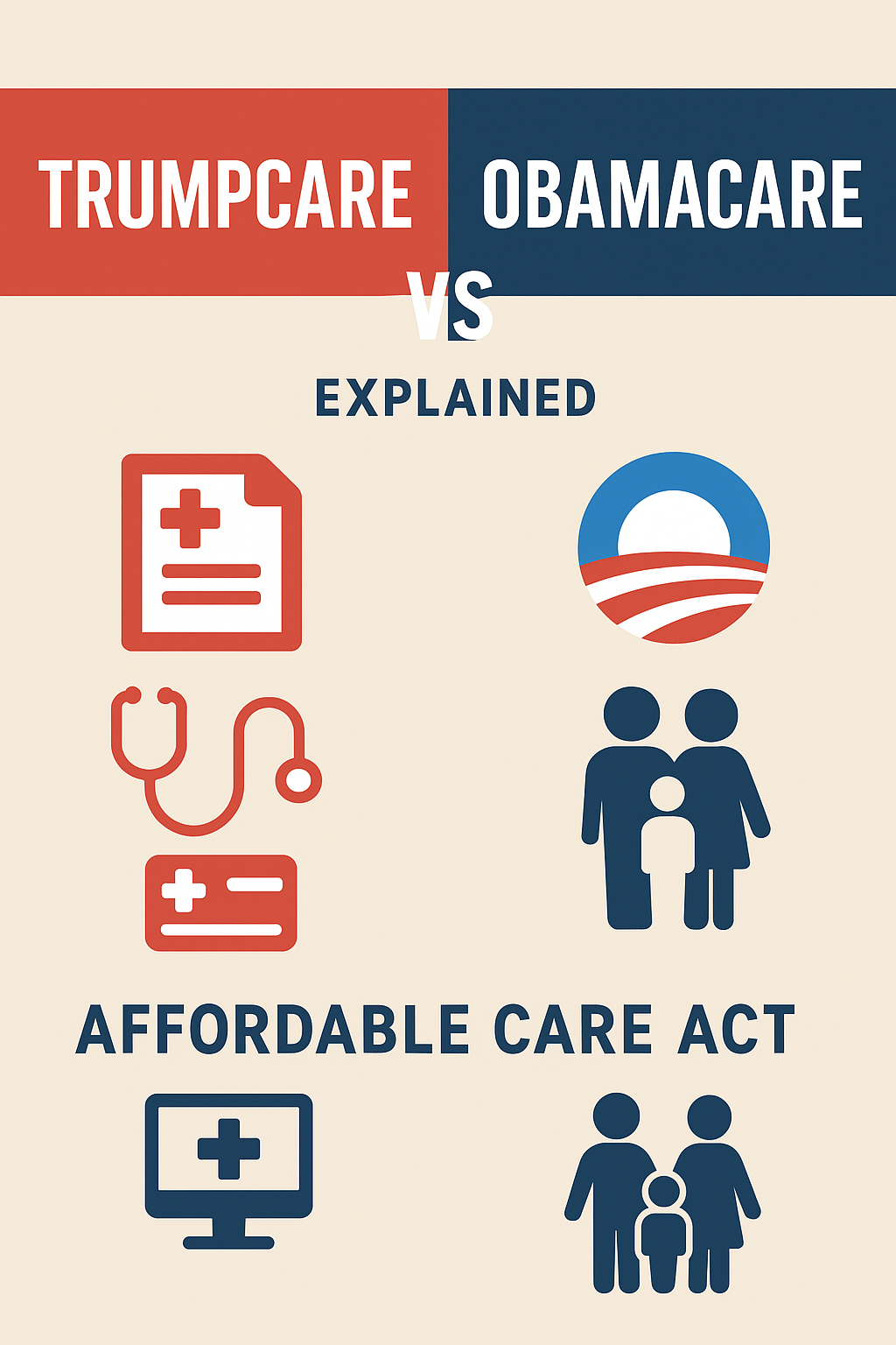 Illustration comparing Trumpcare proposals and the Affordable Care Act (Obamacare), showing health insurance marketplace, plans, and patient protections.