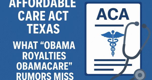 Affordable Care Act Texas overview with ACA document and stethoscope, addressing myths about Obama royalties and Obamacare