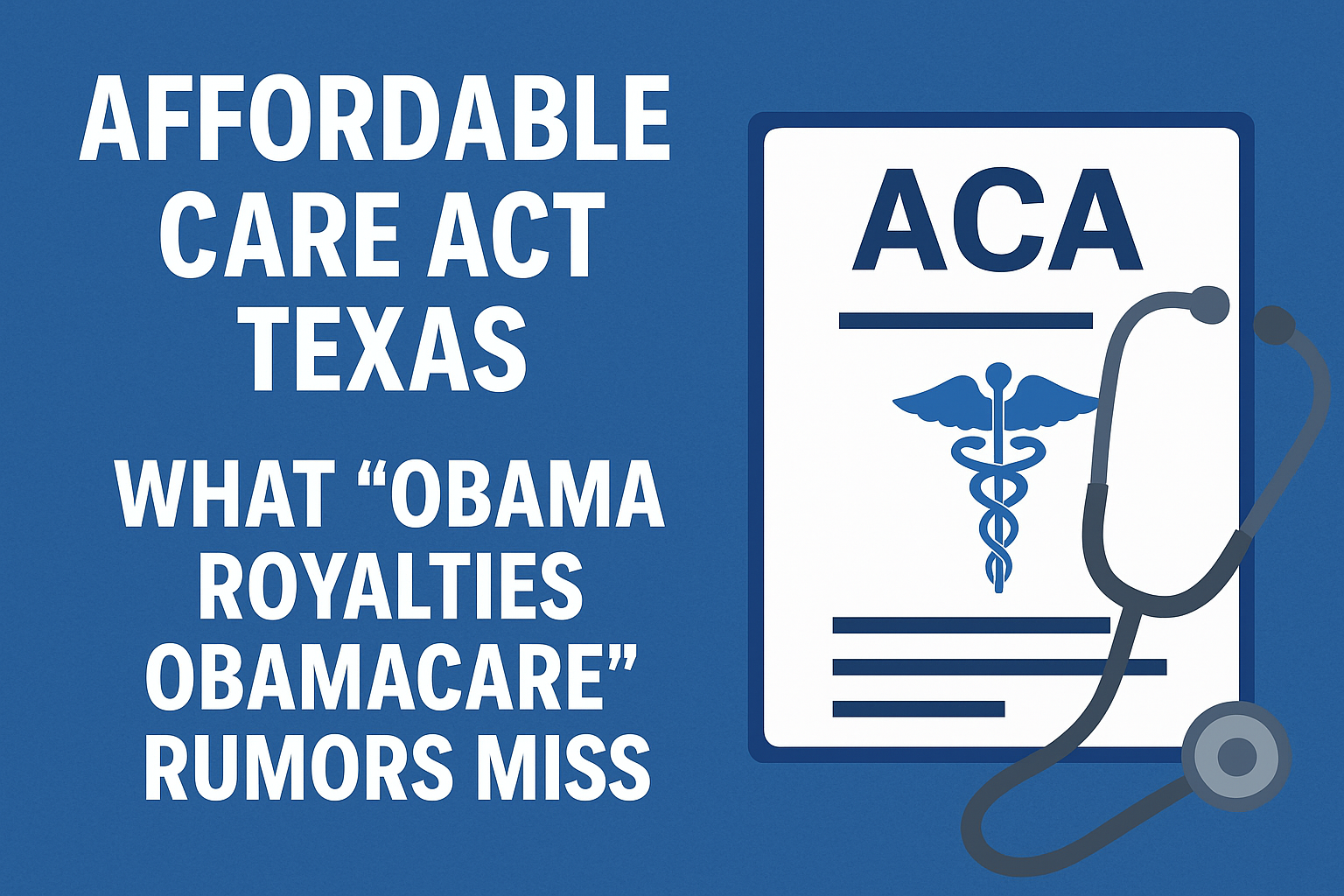 Affordable Care Act Texas overview with ACA document and stethoscope, addressing myths about Obama royalties and Obamacare